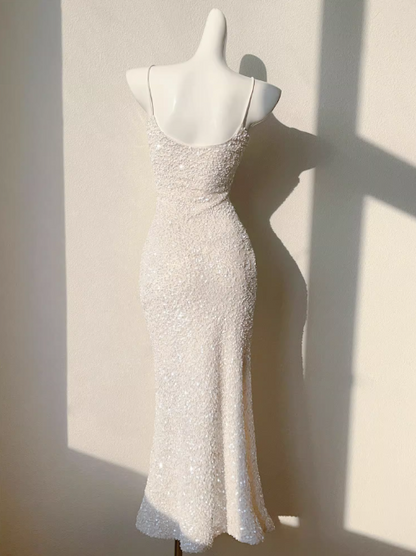 French Champagne Embroidered Sequin Suspender Dress Mermaid Party Dress ED01254