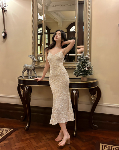 French Champagne Embroidered Sequin Suspender Dress Mermaid Party Dress ED01254