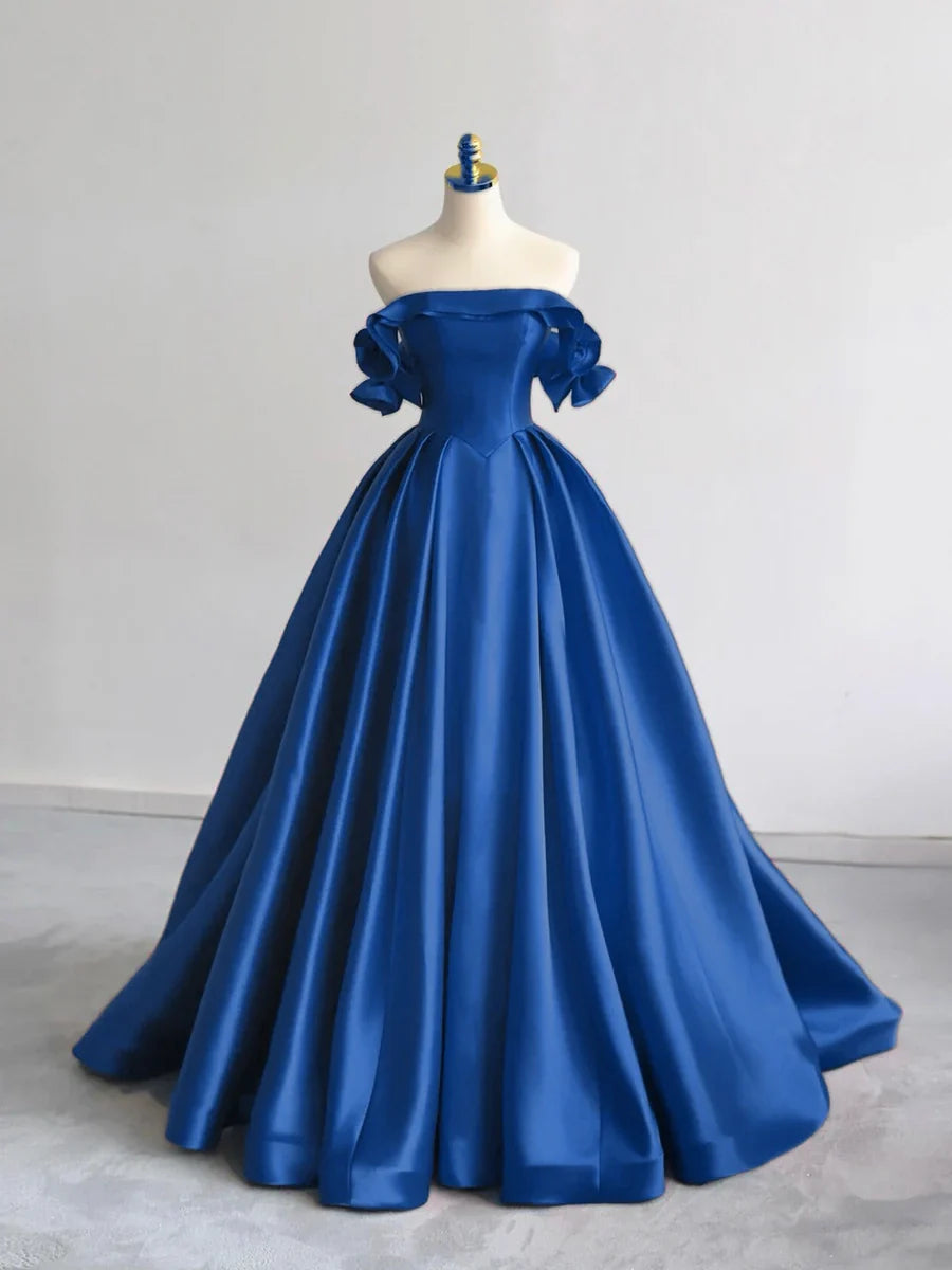 A-Line Off Shoulder Satin Dark Blue Long Prom Dress, Dark Blue Long Formal Dress ED01256