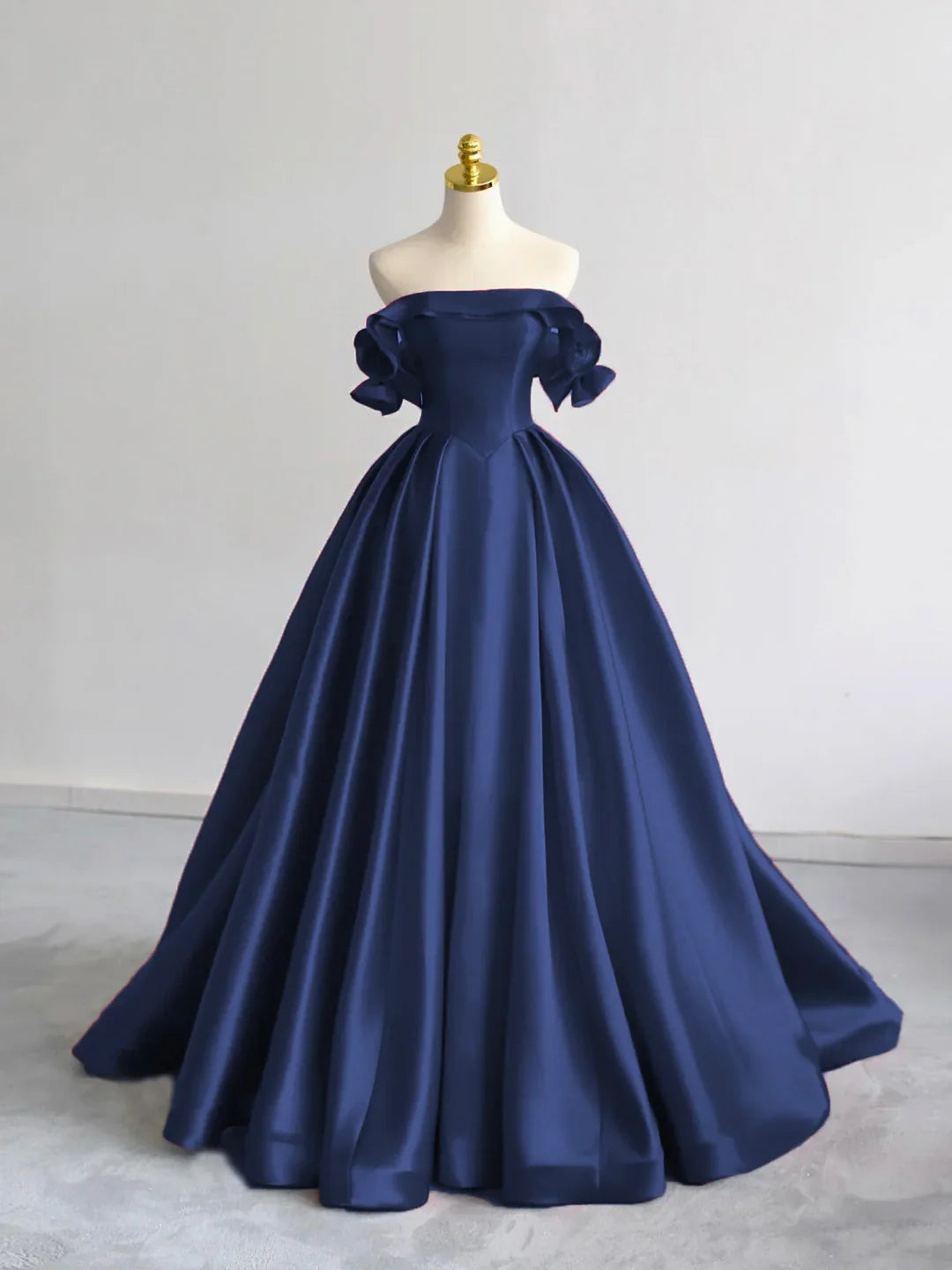 A-Line Off Shoulder Satin Dark Blue Long Prom Dress, Dark Blue Long Formal Dress ED01256
