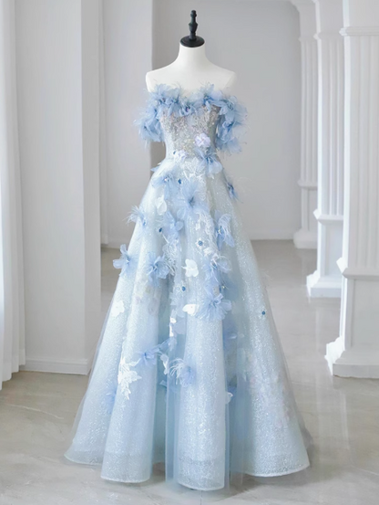 Blue A-line Off-the-shoulder Tulle Sequins Long Prom Dress, Blue Long Formal Dress ED01259