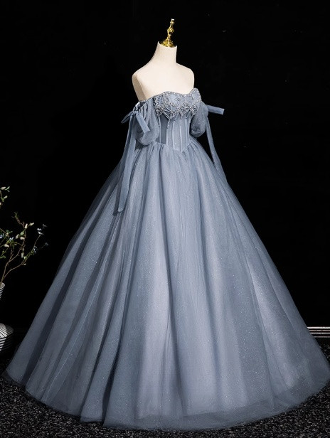 Gray Blue A-line Off-the-shoulder Tulle Beaded Long Prom Dress, Gray Blue Long Formal Dress ED01260