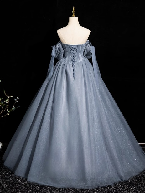 Gray Blue A-line Off-the-shoulder Tulle Beaded Long Prom Dress, Gray Blue Long Formal Dress ED01260