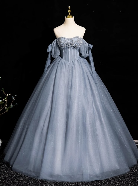 Gray Blue A-line Off-the-shoulder Tulle Beaded Long Prom Dress, Gray Blue Long Formal Dress ED01260