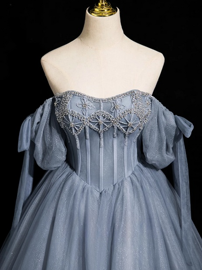 Gray Blue A-line Off-the-shoulder Tulle Beaded Long Prom Dress, Gray Blue Long Formal Dress ED01260