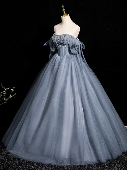 Gray Blue A-line Off-the-shoulder Tulle Beaded Long Prom Dress, Gray Blue Long Formal Dress ED01260
