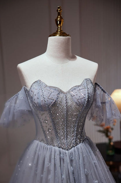 A-Line Tulle Dusty Blue Long Prom Dress, Dusty Blue Formal Dress ED01262