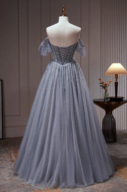 A-Line Tulle Dusty Blue Long Prom Dress, Dusty Blue Formal Dress ED01262