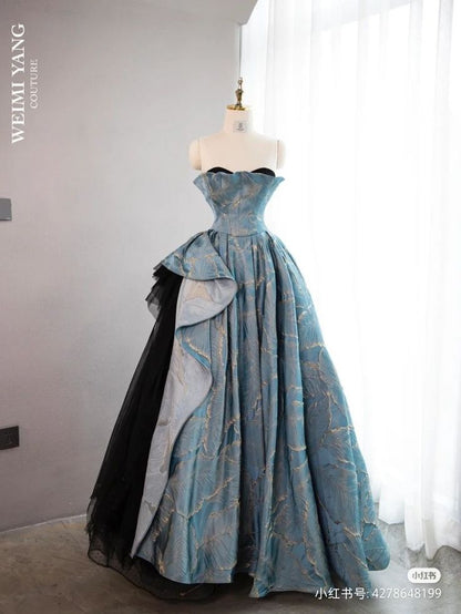 Blue A-line Strapless  Black Tulle Long Prom Dress, Formal Prom Dress ED01265