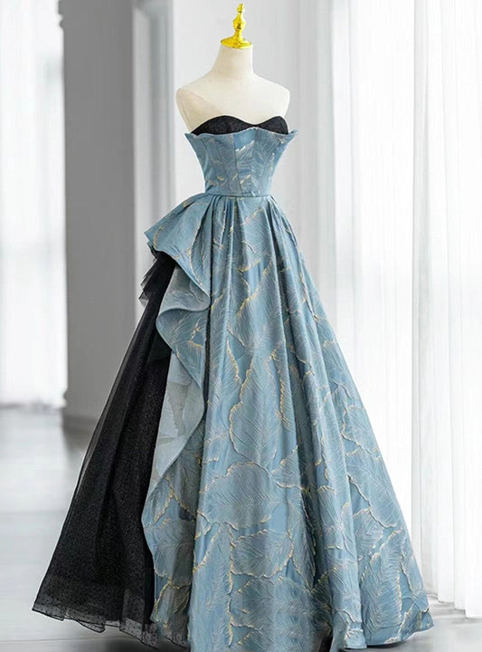 Blue A-line Strapless  Black Tulle Long Prom Dress, Formal Prom Dress ED01265