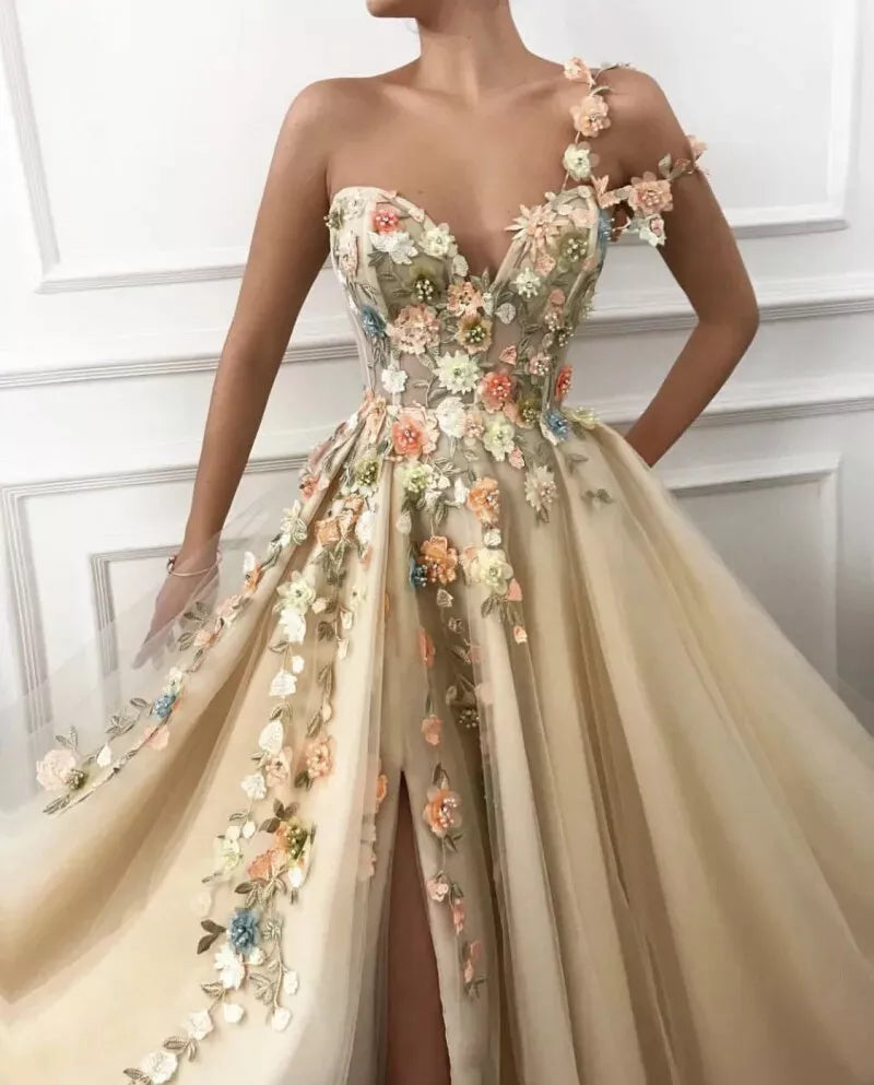 3D flowers A-Line Prom Dresses one shoulder strap Lace Appliques Evening Gown ED01267
