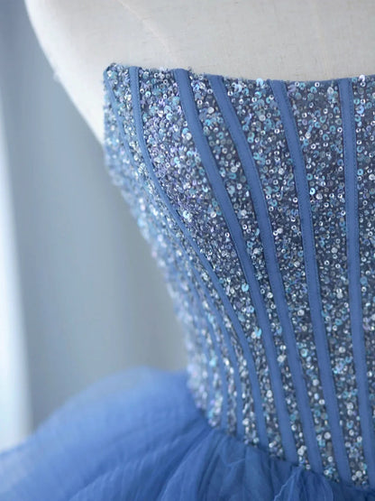 Beautiful A-line Blue Strapless Tulle Sequins Long Prom Dresses ED01269