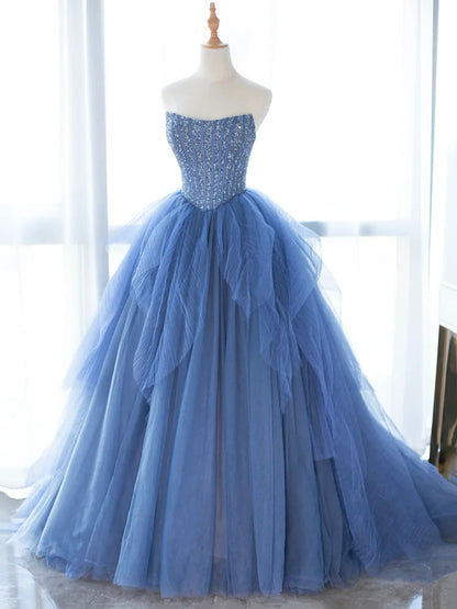 Beautiful A-line Blue Strapless Tulle Sequins Long Prom Dresses ED01269