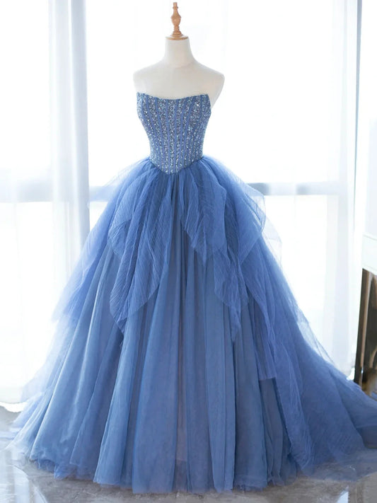 Beautiful A-line Blue Strapless Tulle Sequins Long Prom Dresses ED01269