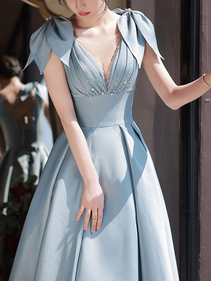 Blue A-Line V Neck Satin Beads Long Prom Dress, Blue Evening Dress ED01274