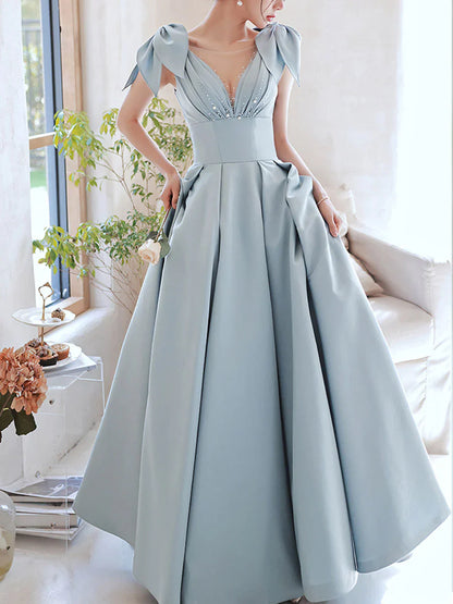 Blue A-Line V Neck Satin Beads Long Prom Dress, Blue Evening Dress ED01274