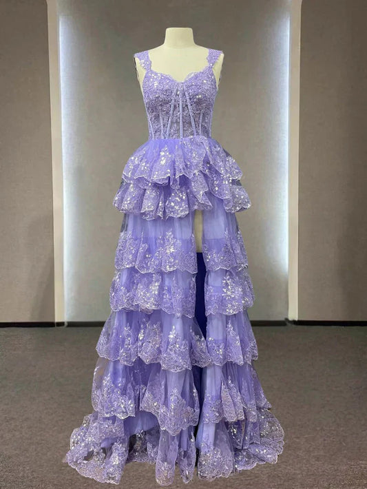 Gorgeous Straps Evening Dress Sparkly Lace Appliques Cupcake Prom Dresses ED01275