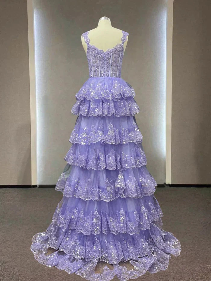 Gorgeous Straps Evening Dress Sparkly Lace Appliques Cupcake Prom Dresses ED01275