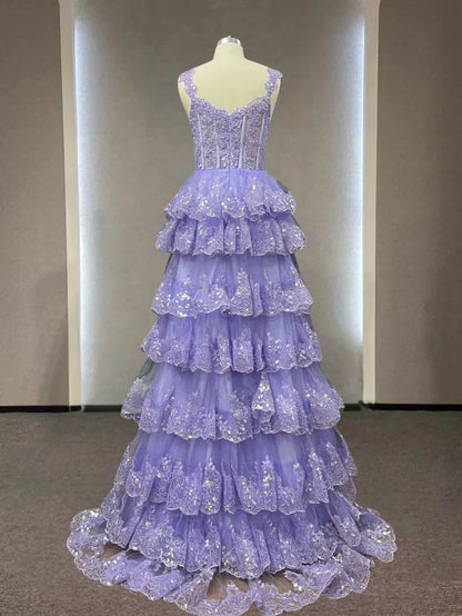 Gorgeous Straps Evening Dress Sparkly Lace Appliques Cupcake Prom Dresses ED01275