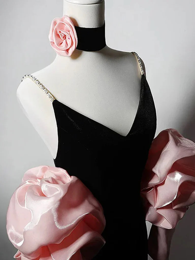 Mermaid V Neck Velvet Black Long Prom Dress, Black Party Dress ED01278