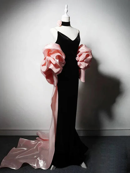 Mermaid V Neck Velvet Black Long Prom Dress, Black Party Dress ED01278