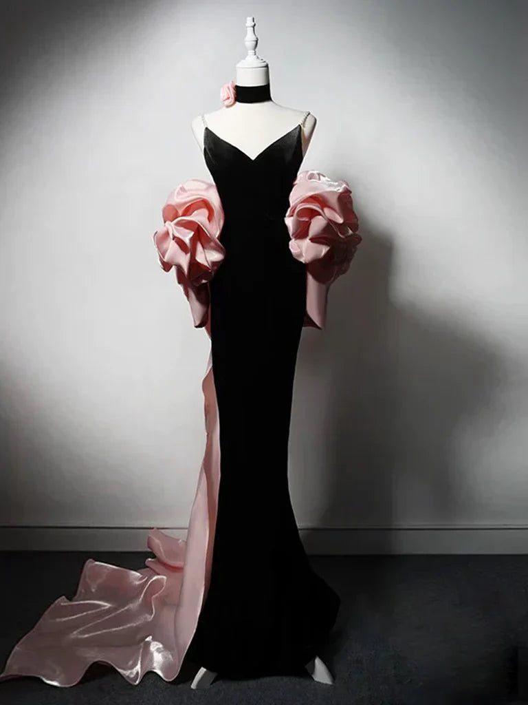 Mermaid V Neck Velvet Black Long Prom Dress, Black Party Dress ED01278