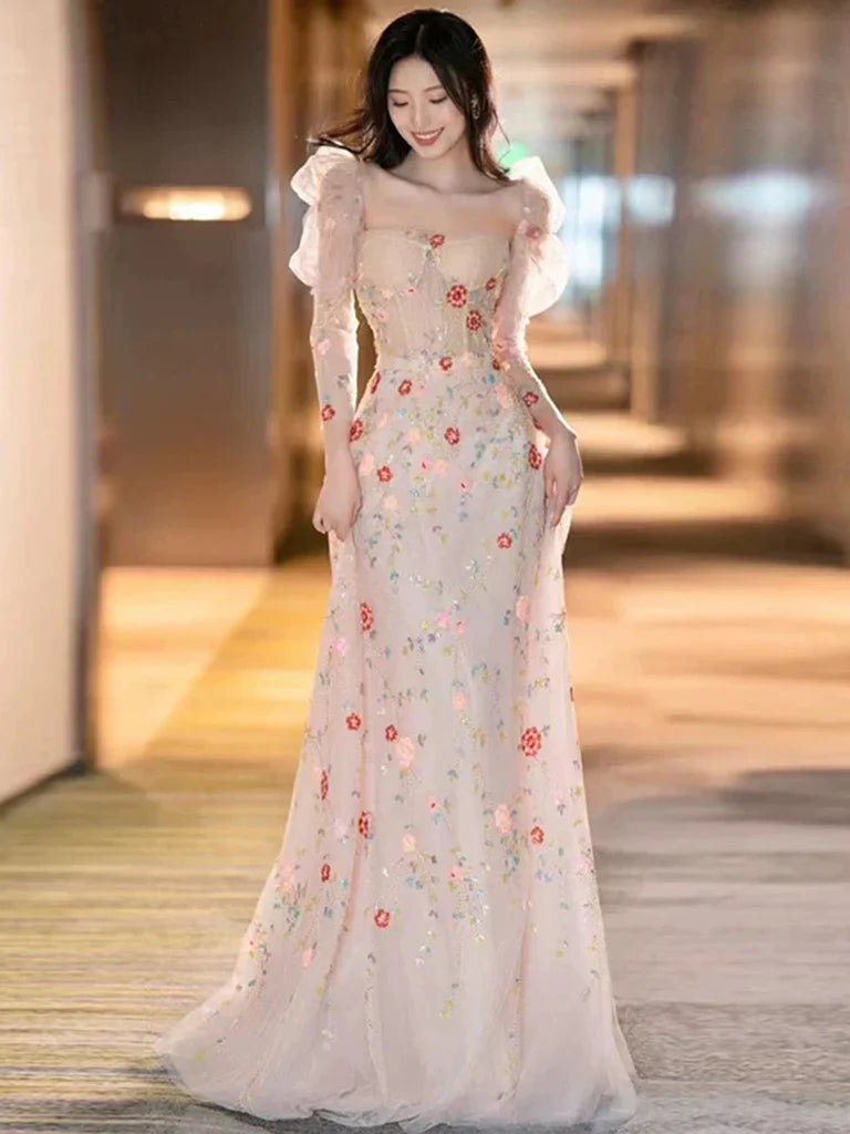 Champagne Pink A-Line Long Sleeve Tulle Lace Long Prom Dress ED01281