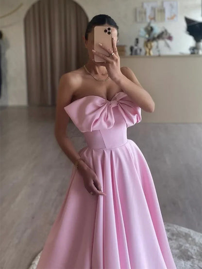 Pink  A-Line Strapless Satin Long Prom Dress, Pink Long Formal Dress ED01282