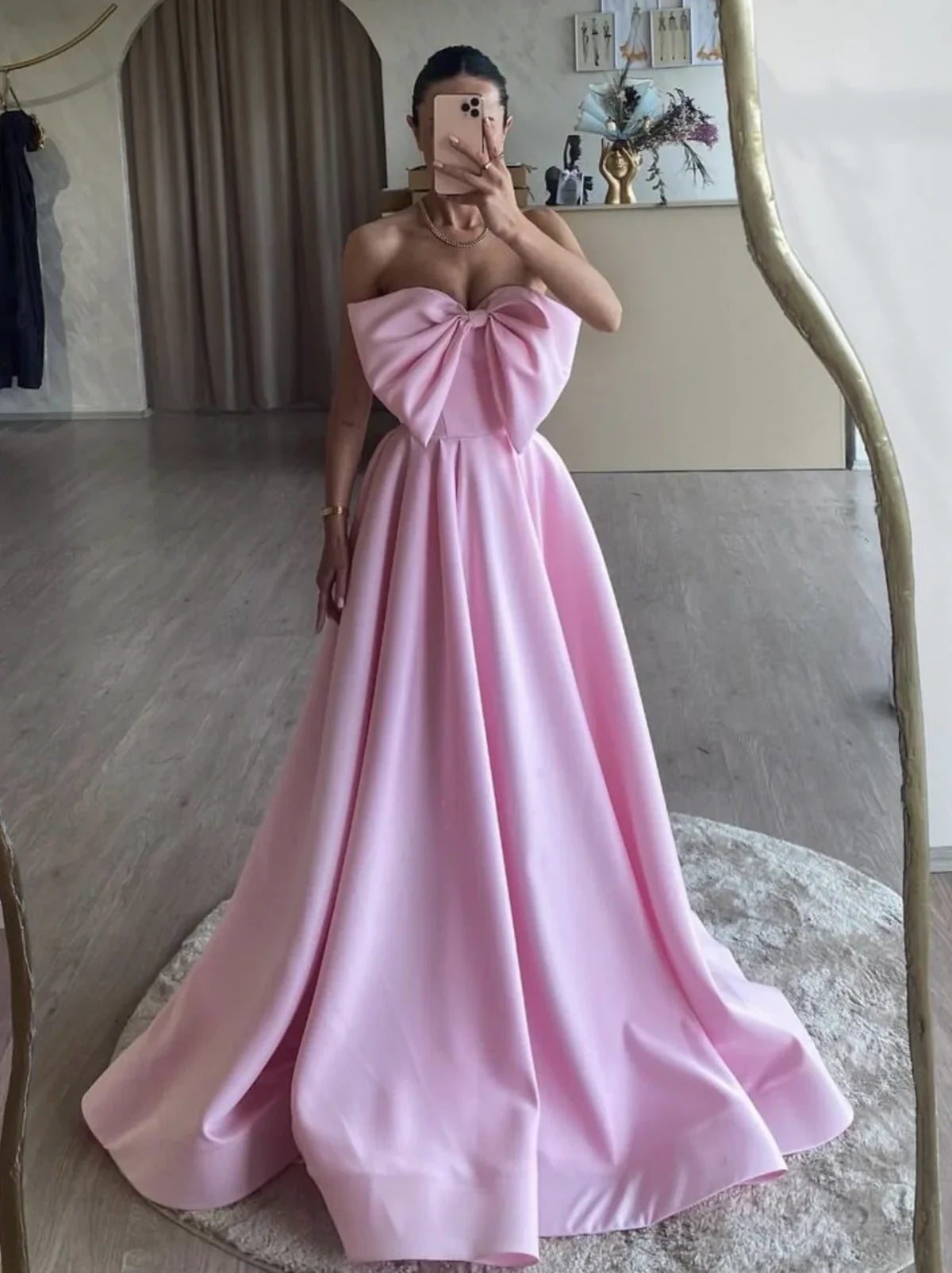Pink  A-Line Strapless Satin Long Prom Dress, Pink Long Formal Dress ED01282