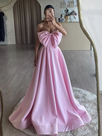 Pink  A-Line Strapless Satin Long Prom Dress, Pink Long Formal Dress ED01282