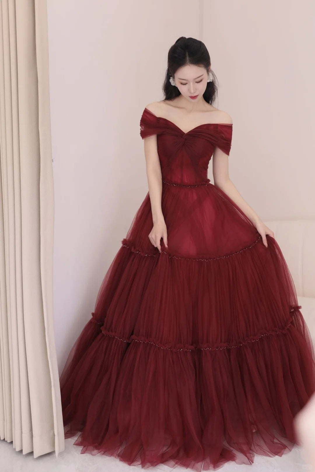 Burgundy A-Line Off Shoulder Tulle  Long Prom Dress, Burgundy Long Evening Dress ED01283