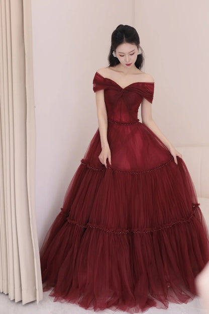 Burgundy A-Line Off Shoulder Tulle  Long Prom Dress, Burgundy Long Evening Dress ED01283