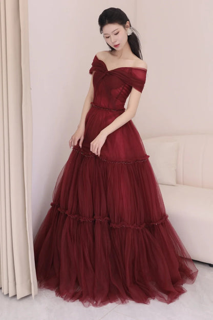 Burgundy A-Line Off Shoulder Tulle  Long Prom Dress, Burgundy Long Evening Dress ED01283