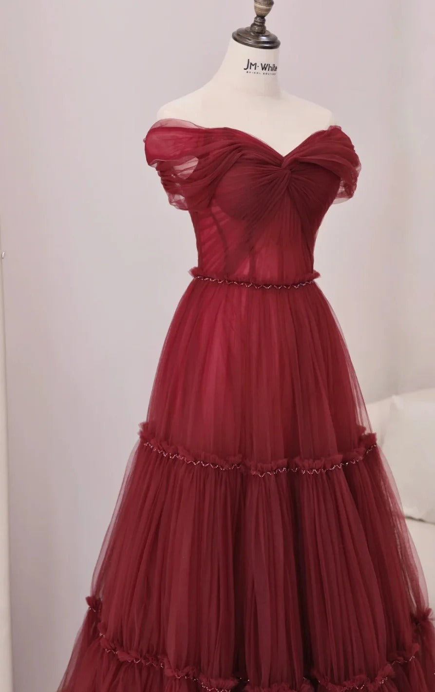 Burgundy A-Line Off Shoulder Tulle  Long Prom Dress, Burgundy Long Evening Dress ED01283