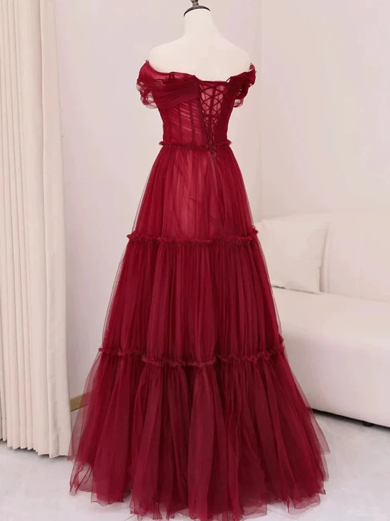 Burgundy A-Line Off Shoulder Tulle  Long Prom Dress, Burgundy Long Evening Dress ED01283