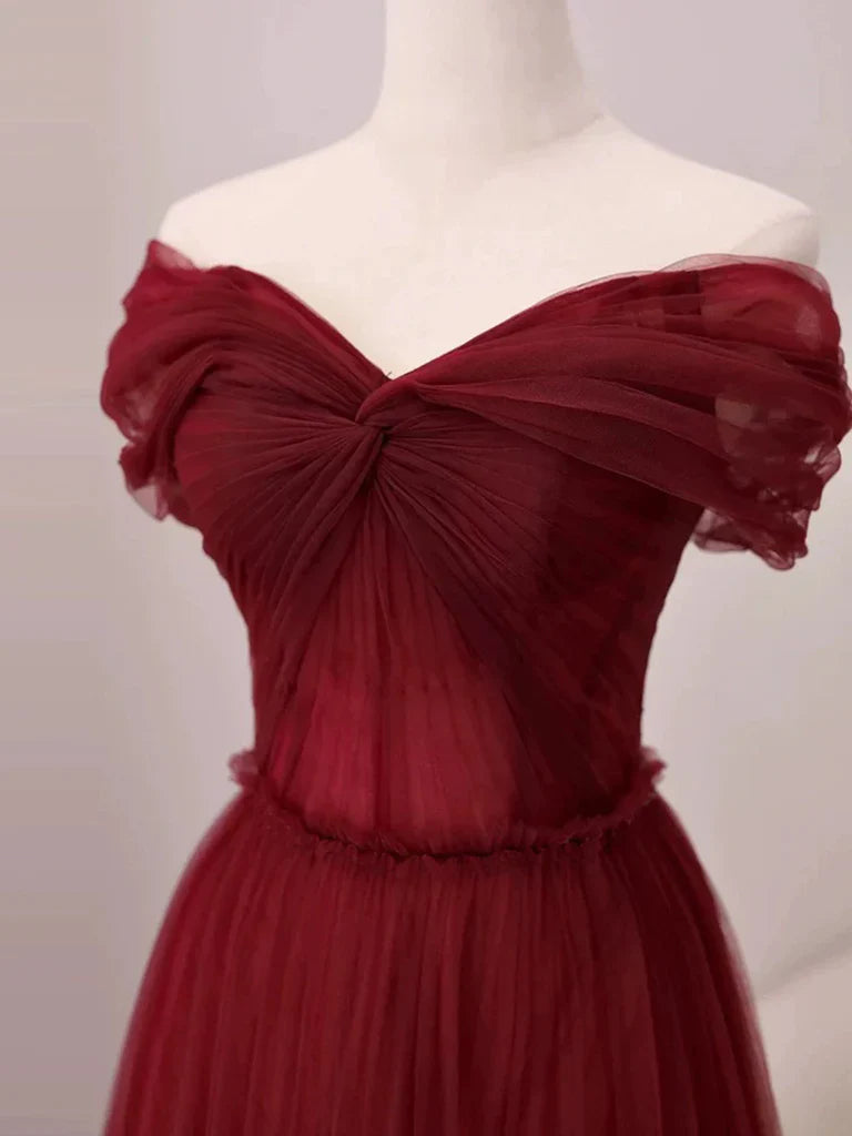 Burgundy A-Line Off Shoulder Tulle  Long Prom Dress, Burgundy Long Evening Dress ED01283