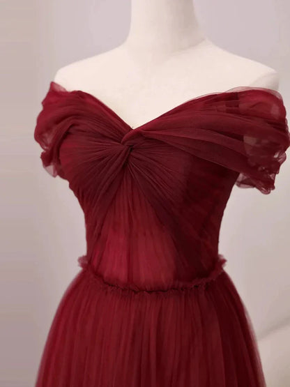 Burgundy A-Line Off Shoulder Tulle  Long Prom Dress, Burgundy Long Evening Dress ED01283
