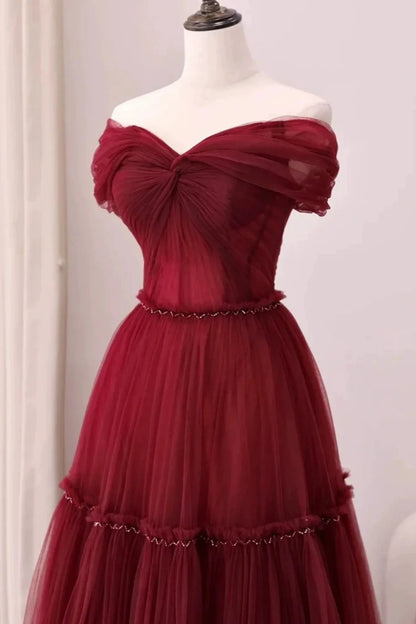 Burgundy A-Line Off Shoulder Tulle  Long Prom Dress, Burgundy Long Evening Dress ED01283