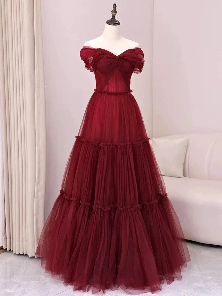 Burgundy A-Line Off Shoulder Tulle  Long Prom Dress, Burgundy Long Evening Dress ED01283