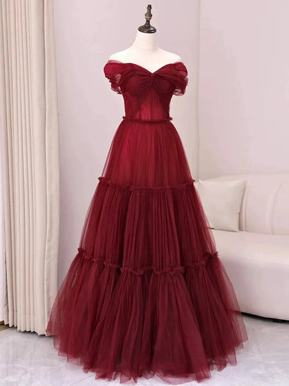 Burgundy A-Line Off Shoulder Tulle  Long Prom Dress, Burgundy Long Evening Dress ED01283