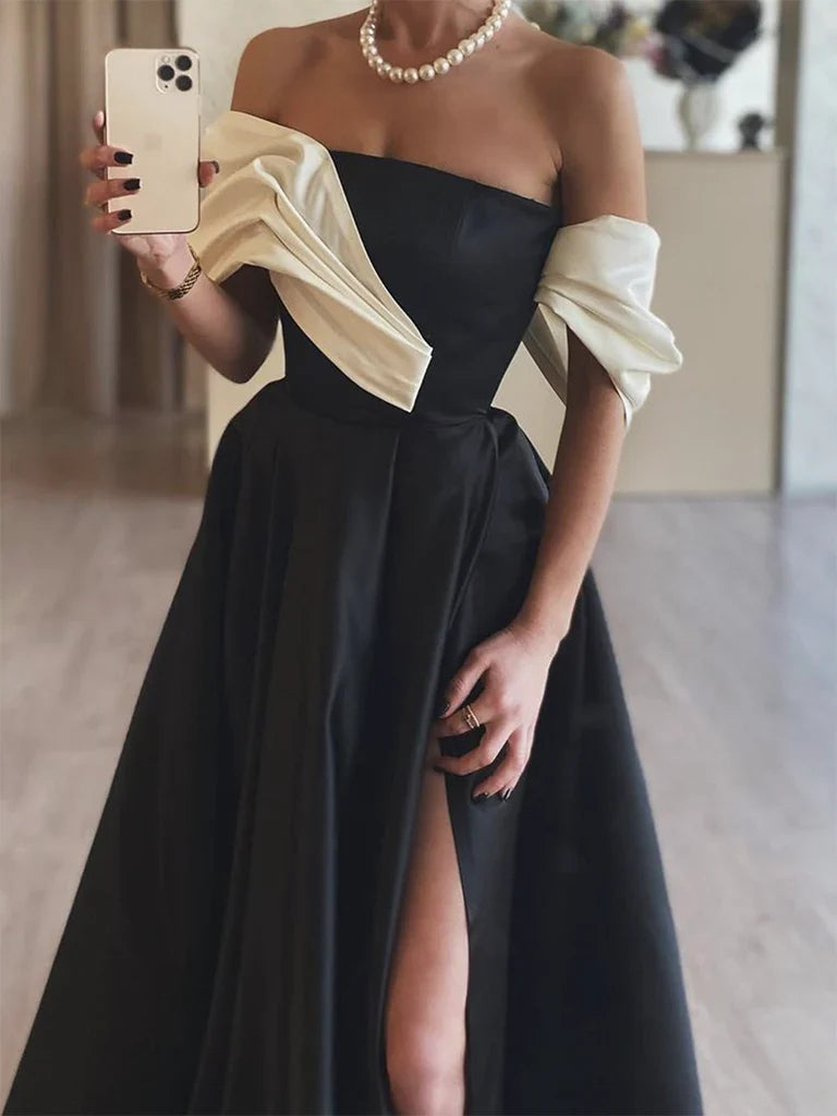 Black A-Line Satin Off Shoulder  Long Prom Dress, Black Long Formal Dress ED01284
