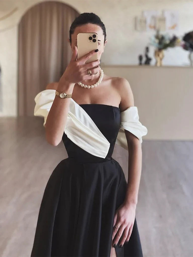 Black A-Line Satin Off Shoulder  Long Prom Dress, Black Long Formal Dress ED01284