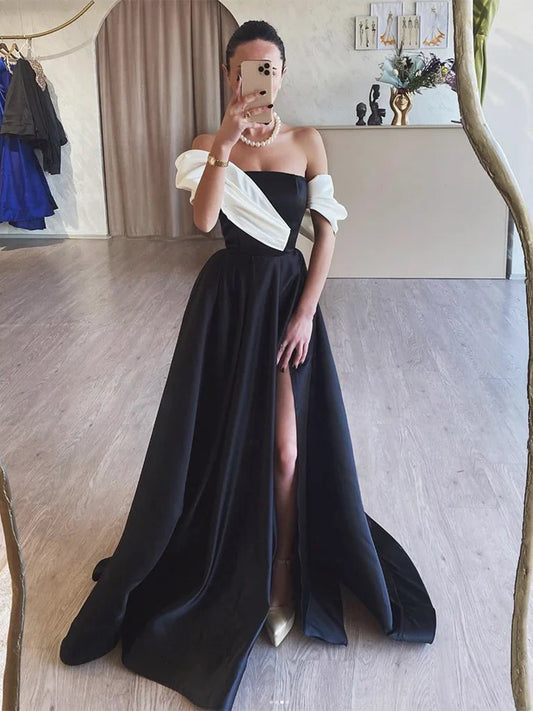 Black A-Line Satin Off Shoulder  Long Prom Dress, Black Long Formal Dress ED01284
