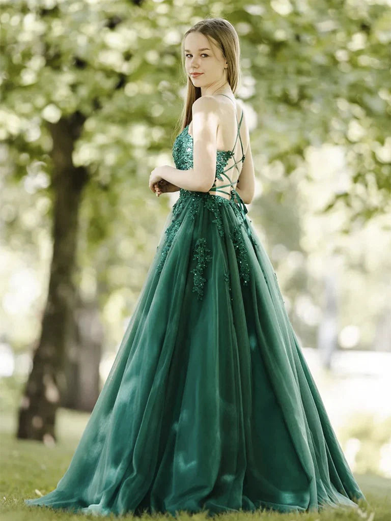 Dark Green A-Line Tulle Lace Backless Long Prom Dress, Green Long Evening Dress ED01285