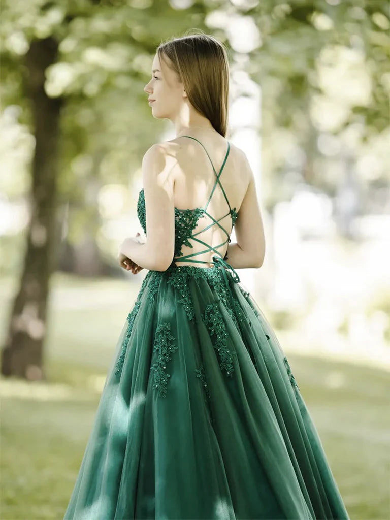 Dark Green A-Line Tulle Lace Backless Long Prom Dress, Green Long Evening Dress ED01285