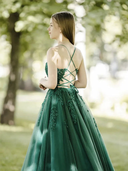 Dark Green A-Line Tulle Lace Backless Long Prom Dress, Green Long Evening Dress ED01285