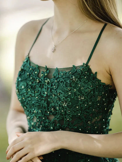 Dark Green A-Line Tulle Lace Backless Long Prom Dress, Green Long Evening Dress ED01285