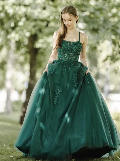 Dark Green A-Line Tulle Lace Backless Long Prom Dress, Green Long Evening Dress ED01285