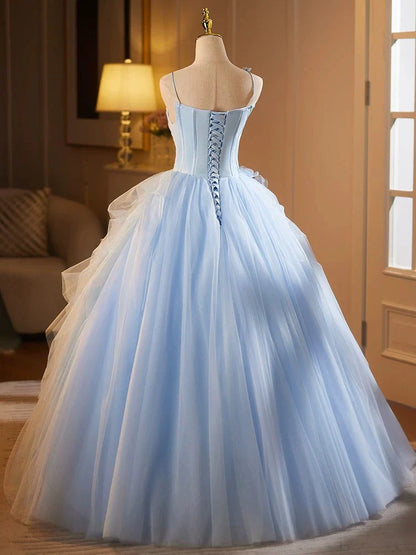 Blue A-Line Spaghetti Strap Tulle Lace Long Prom Dress, Blue Long Sweet 16 Dress ED01286