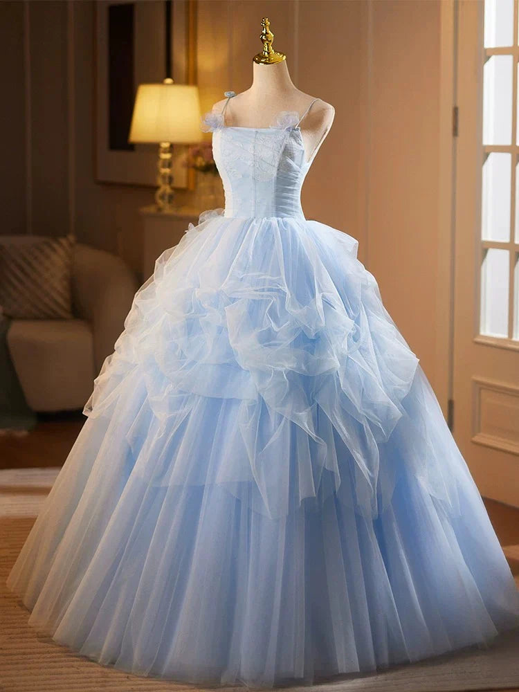 Blue A-Line Spaghetti Strap Tulle Lace Long Prom Dress, Blue Long Sweet 16 Dress ED01286